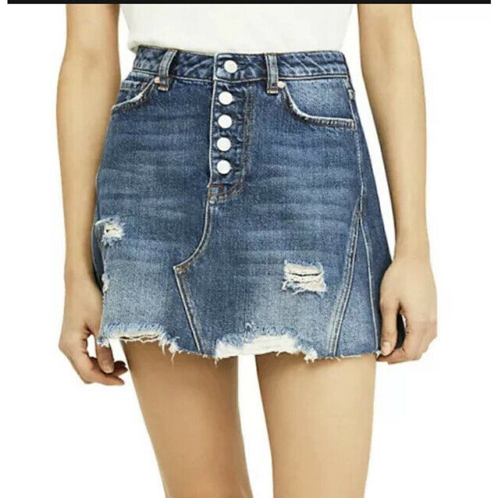 NEW Free People‎ Distress Button Fly High Waist Denim Harvey Mini Skirt 25 $60